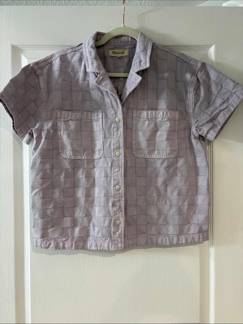 Madewell Lavender Checked Short-Sleeve Button-Down Top
